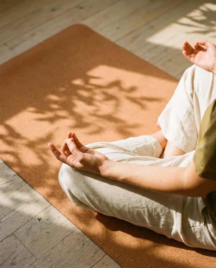 Mains en mudra pendant une méditation sur un tapis de yoga