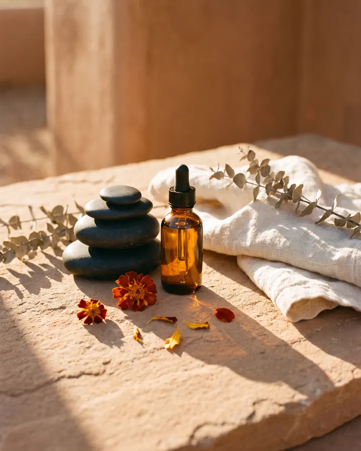 Pierres chaudes, huile de massage et linge de lin