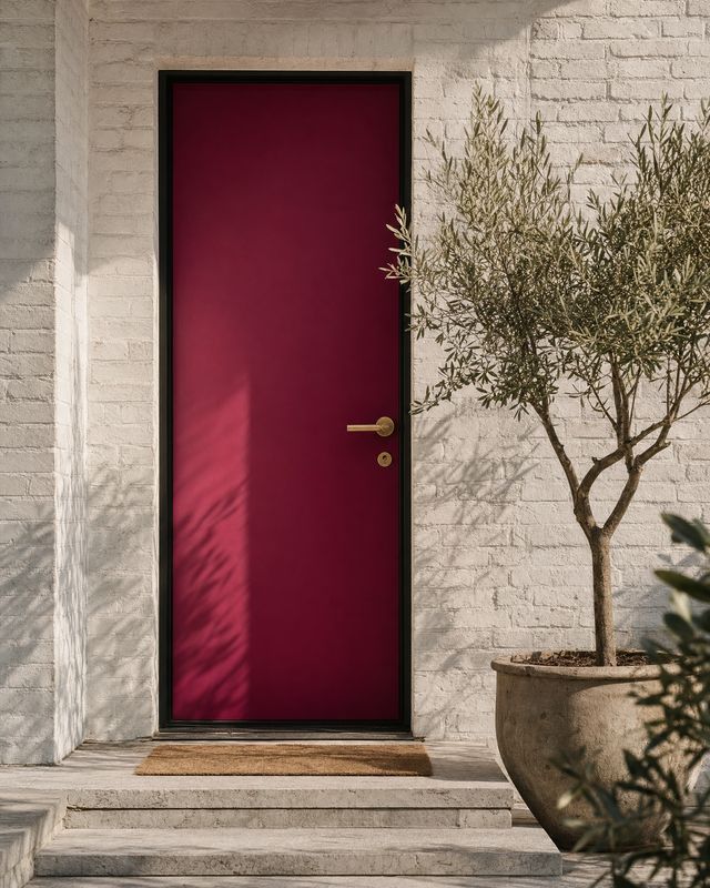 Voordeur in diep magenta in een witgekalkte bakstenen gevel