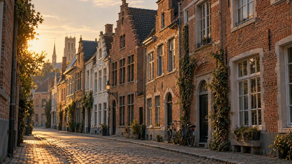 Straat met Vlaamse rijhuizen bij zonsondergang