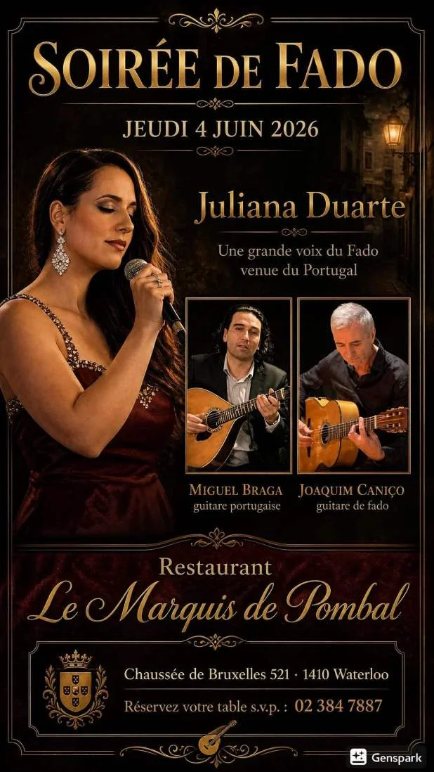 Affiche : Soirée Fado avec Juliana Duarte au Marquis de Pombal, jeudi 4 juin