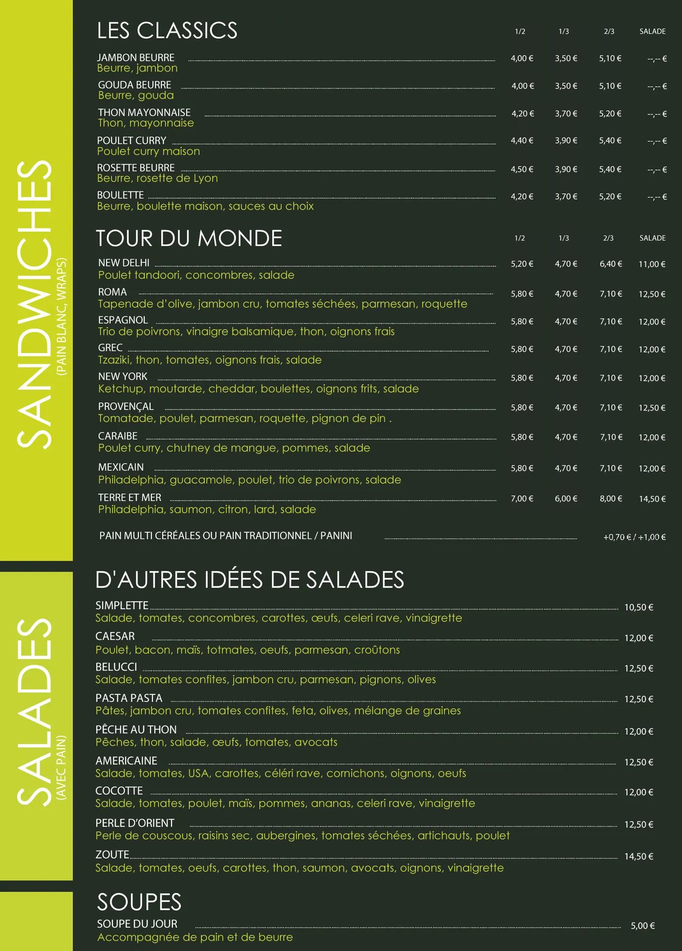 Carte, page 2 : Classics, Tour du monde, Salades, Soupes
