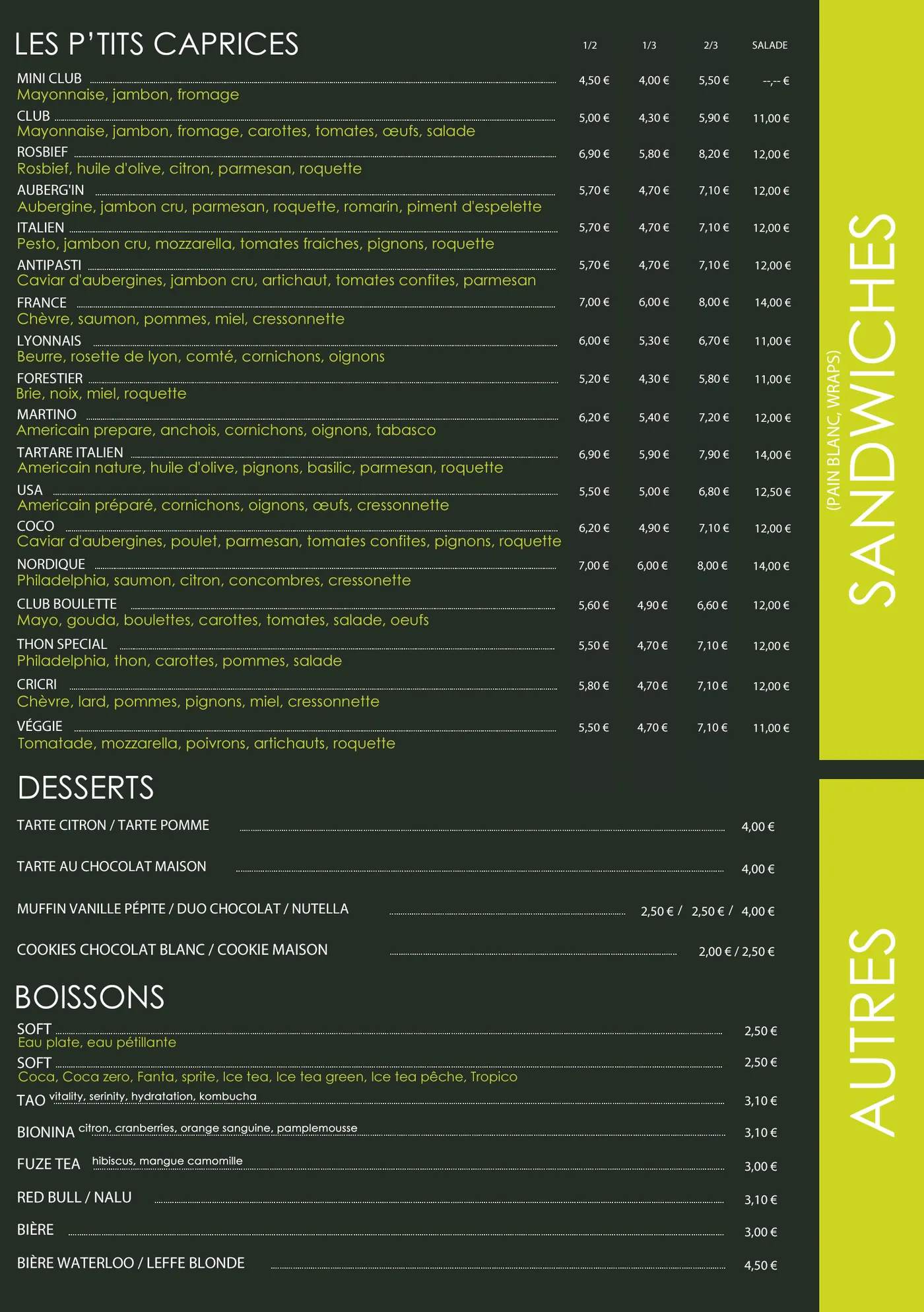 Carte, page 3 : P'tits caprices, Desserts, Boissons