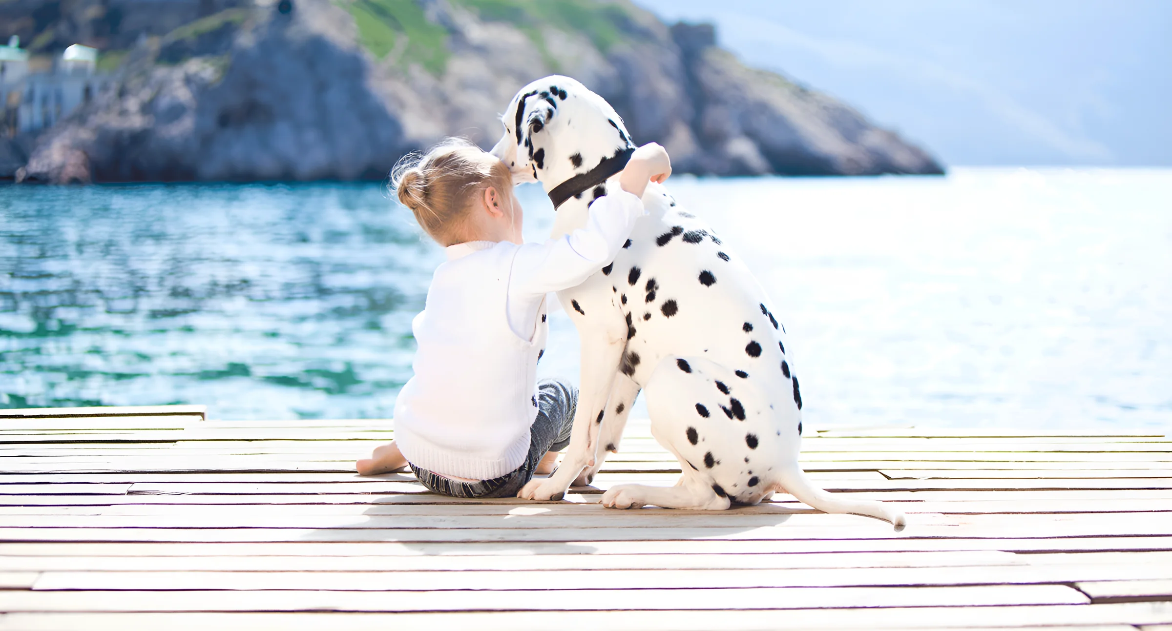 Une petite fille assise sur un ponton au bord de l’eau, enlaçant son dalmatien