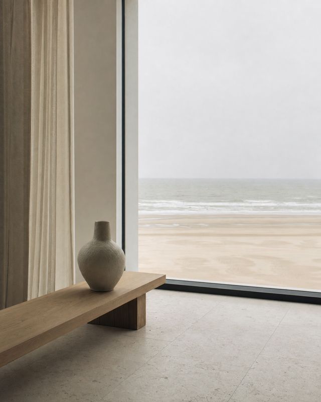 Lichte living met zicht op het strand en de Noordzee